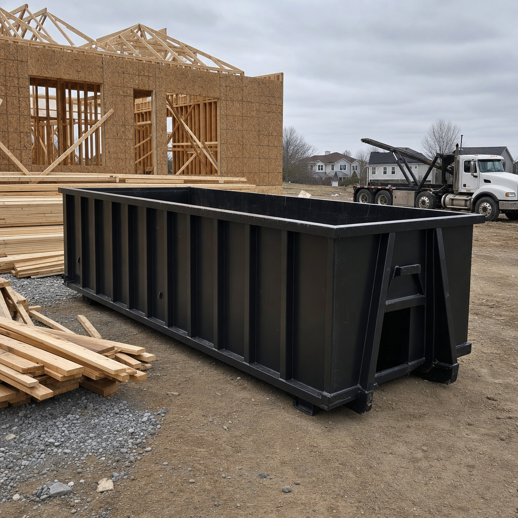 Matte-black 40-yard roll-off dumpster staged on a framed-out residential construction site in Grove City, framing lumber stacked nearby, hooklift delivery truck visible in the background under bright Colorado daylight