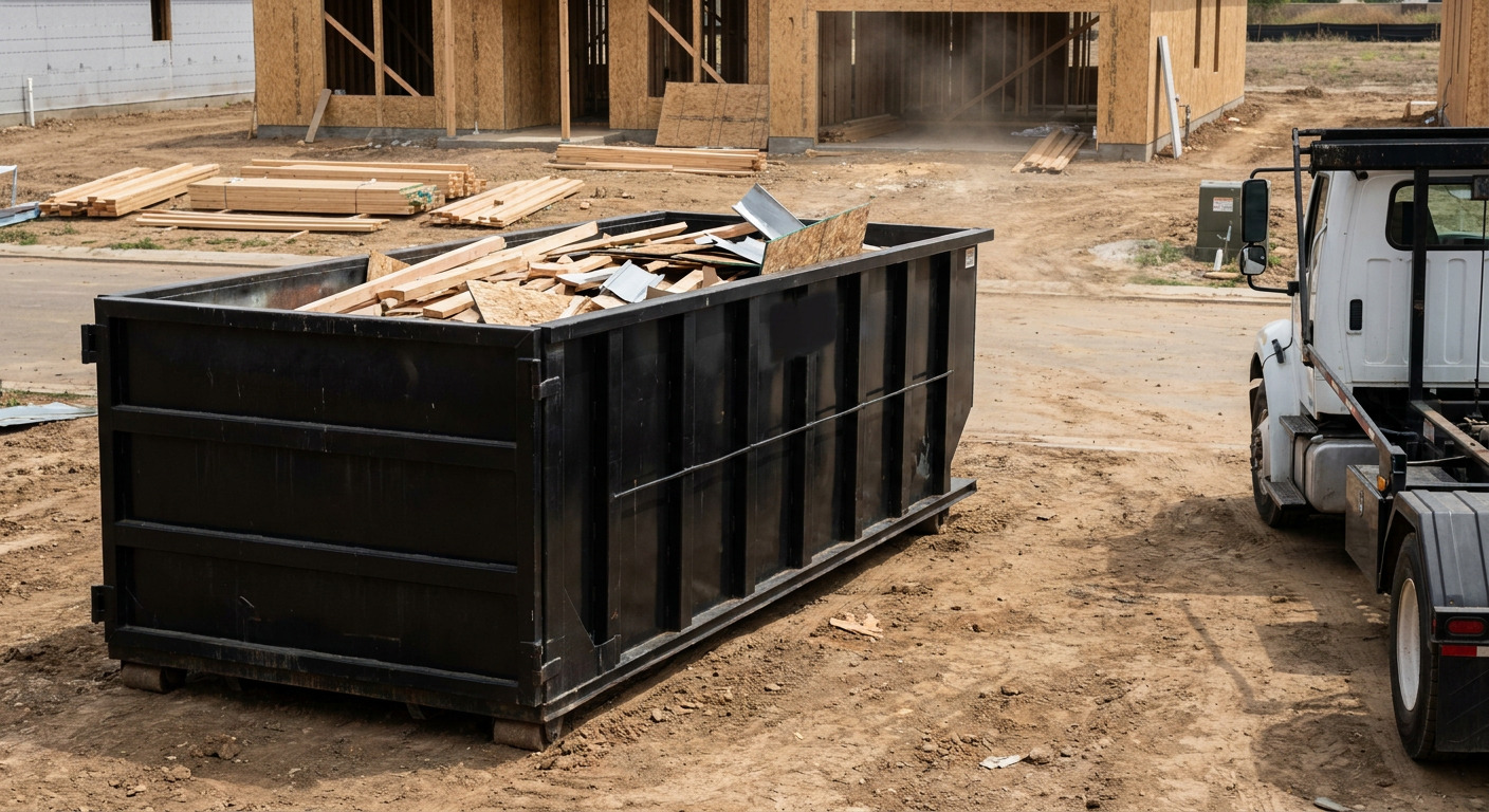 Matte-black 20-yard roll-off construction dumpster with heavy ribbed steel sidewalls and swing rear doors at a working jobsite in Grove City, sitting directly on compacted dirt with an unmarked white hauler partially visible at the far edge of the frame.