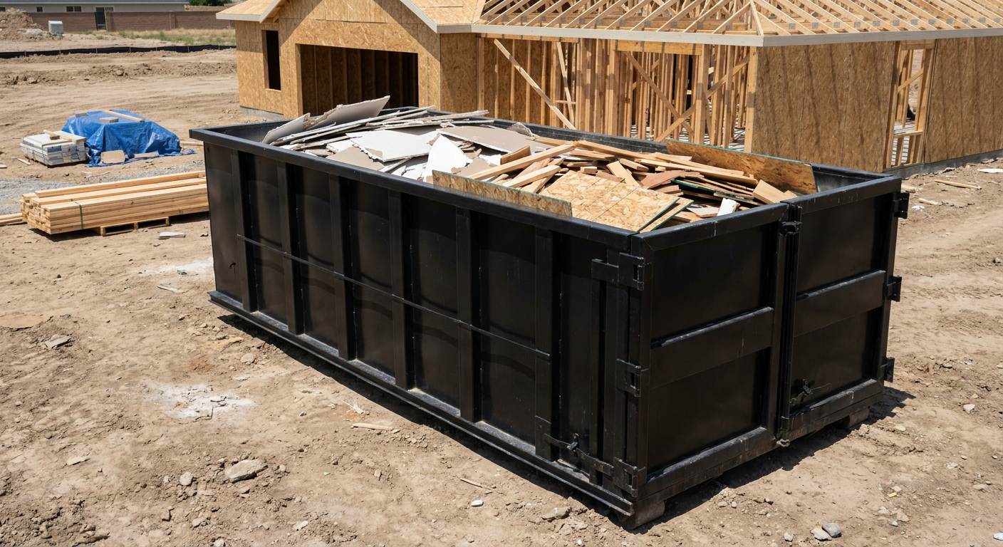 Matte-black 30-yard roll-off construction dumpster sitting directly on the compacted-dirt site of a framed single-family home build in Grove City, drywall and lumber scrap loaded inside.