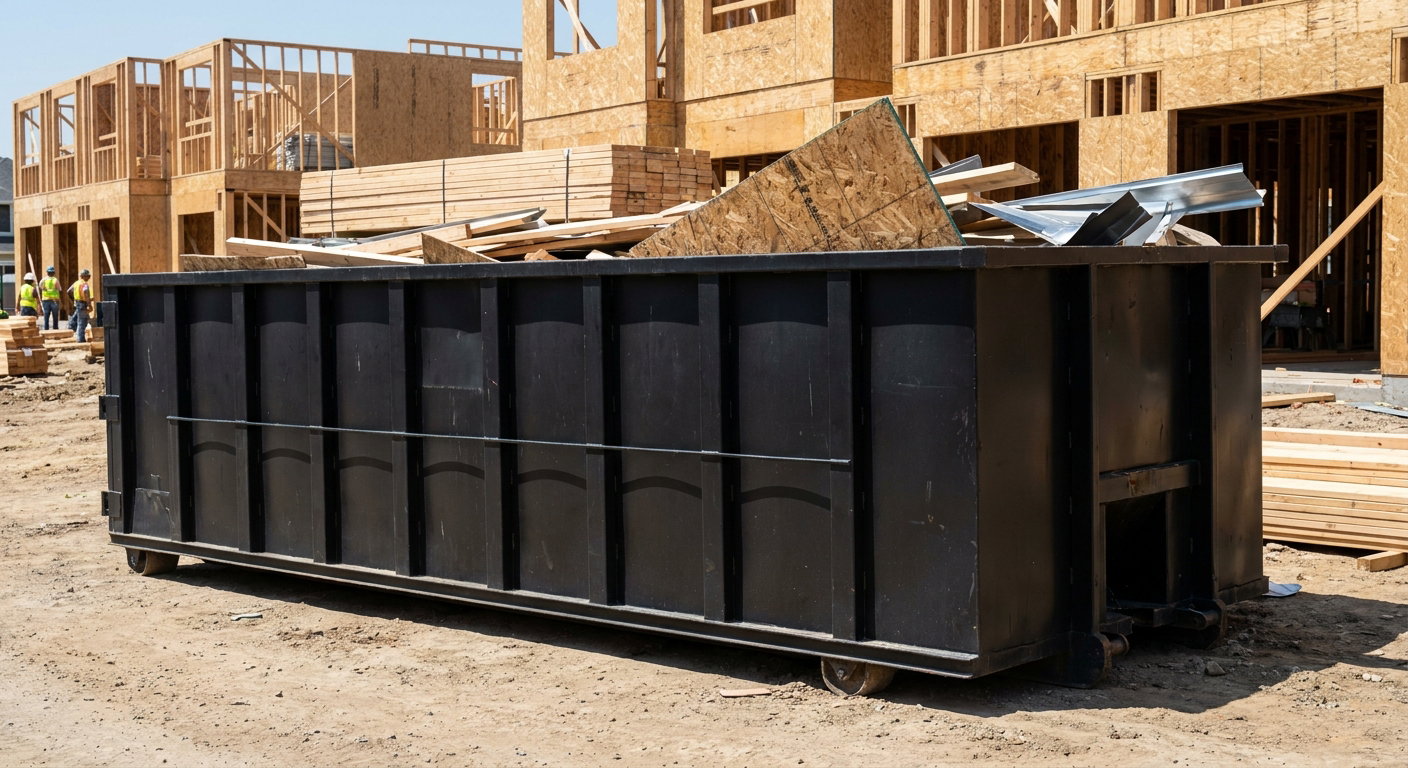 Matte-black 40-yard roll-off construction dumpster being lowered from a white-cab hooklift delivery truck onto the compacted-dirt jobsite at a commercial build site in Grove City