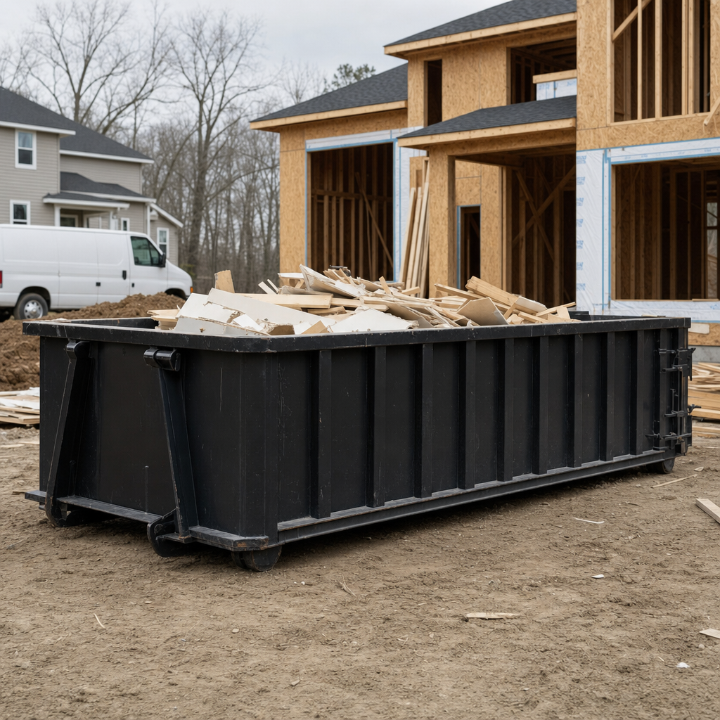 Worker in a yellow high-visibility vest tossing framing lumber and broken drywall into a matte-black 30-yard construction roll-off dumpster on an active build site in Grove City, bright daylight