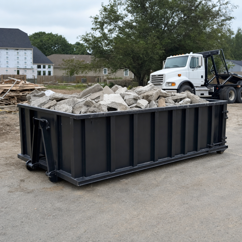 Low-profile matte-black lowboy roll-off dumpster loaded with broken concrete slab and rebar at a foundation tear-out in Grove City, skid steer parked beside it, sunny Colorado morning