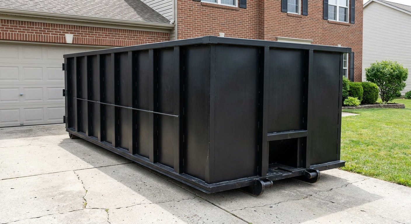 Matte-black 20-yard roll-off container on a Grove City residential concrete driveway with reinforced ribbed steel sidewalls and a hinged rear walk-in door, clean bright daylight.