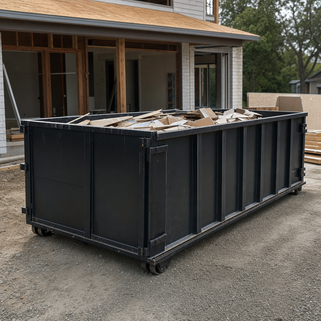 Large matte-black 30-yard construction roll-off dumpster at an active Grove City jobsite, steel-gray top rails and bottom rollers visible, loaded with construction debris.