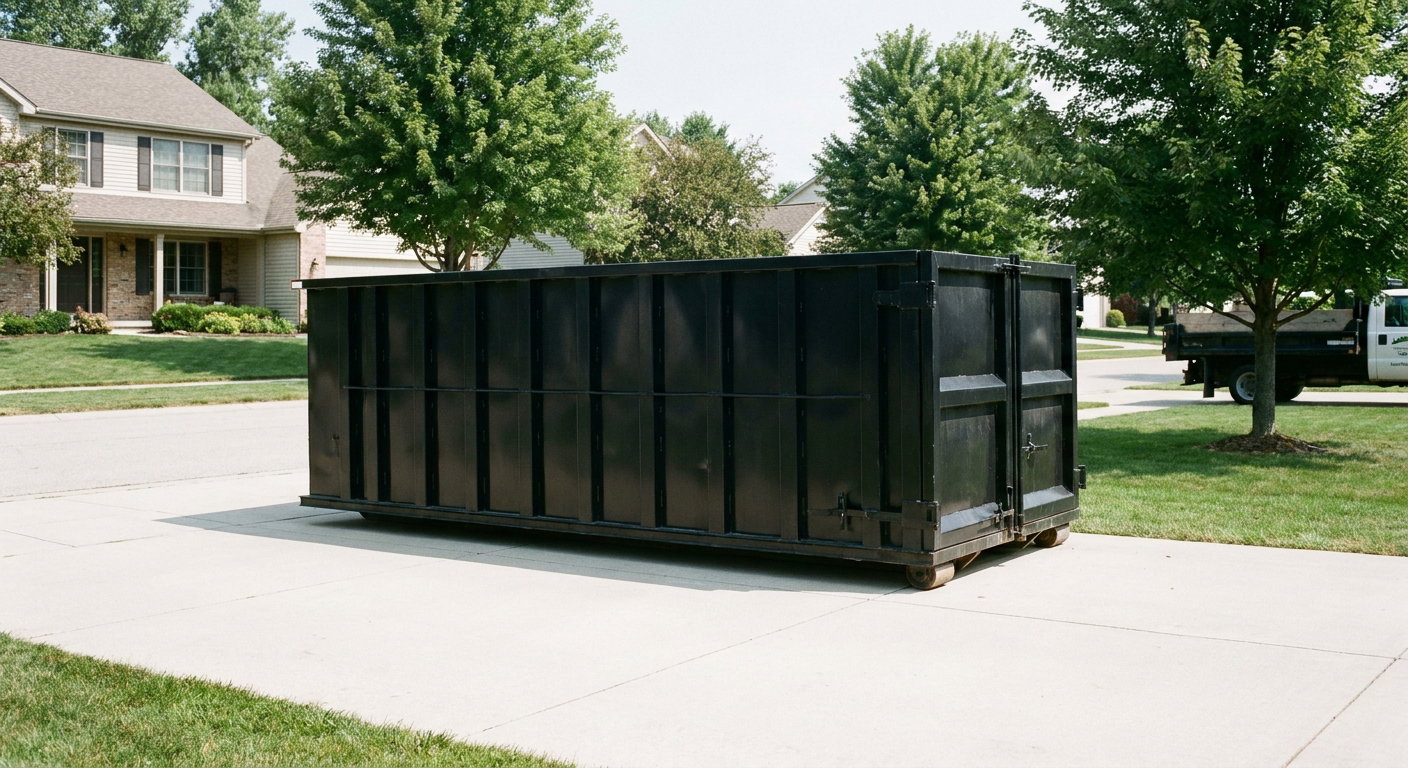 Matte-black 20-yard roll-off dumpster sitting level on a clean Grove City residential concrete driveway under bright daylight, demonstrating clean placement directly on the concrete.