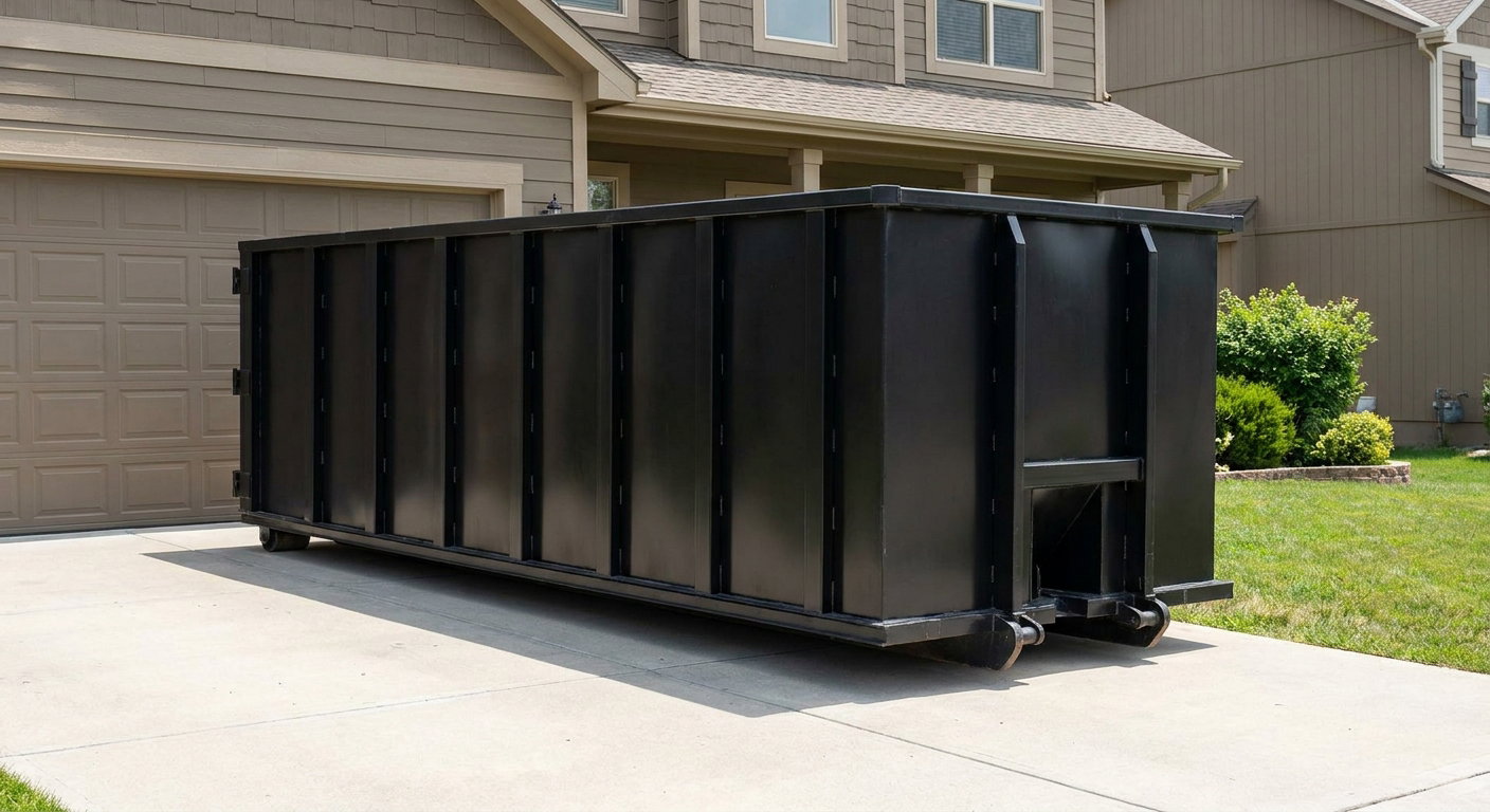 Matte-black residential roll-off dumpster sitting directly on a suburban Grove City concrete driveway, garage door closed, single-family home in background, bright morning daylight.