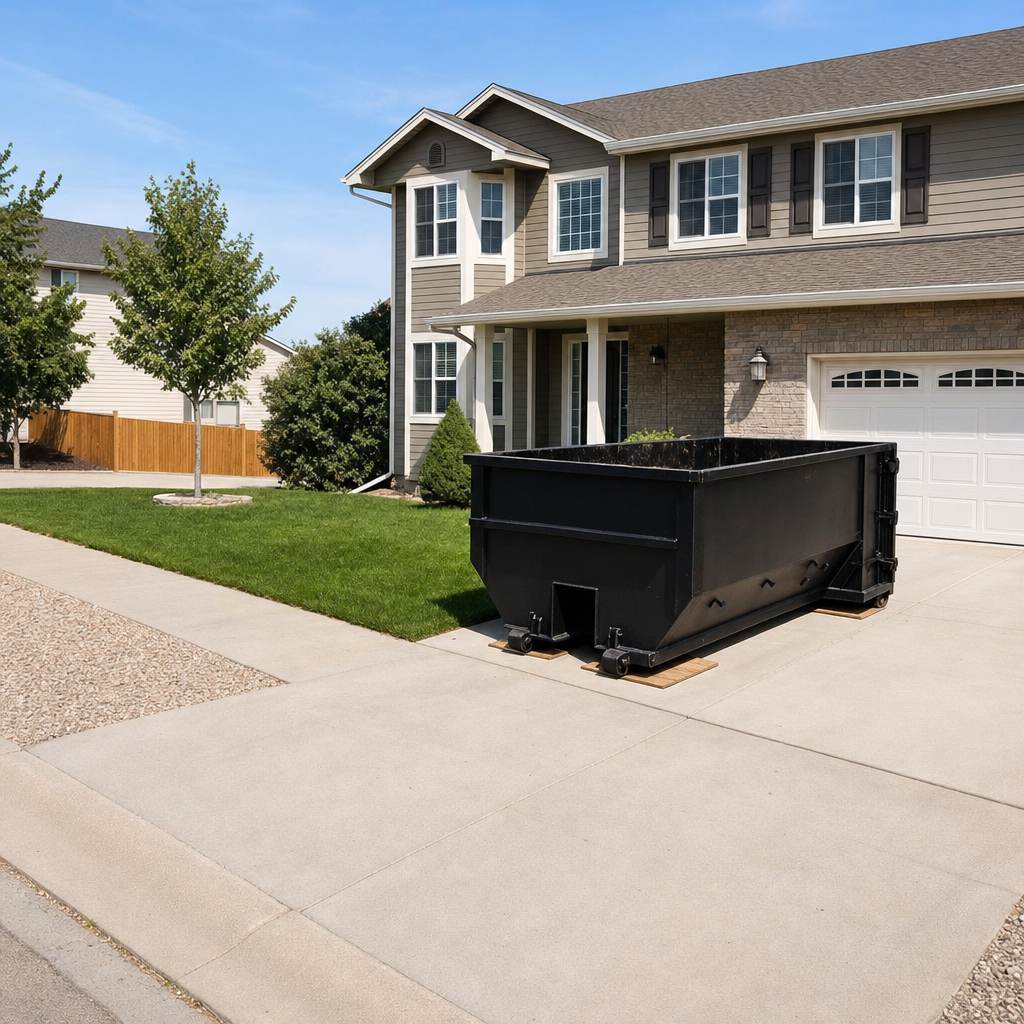 10-yard matte-black residential dumpster placed directly on a narrow Grove City concrete driveway, room remains for a parked sedan beside it, mid-morning natural light