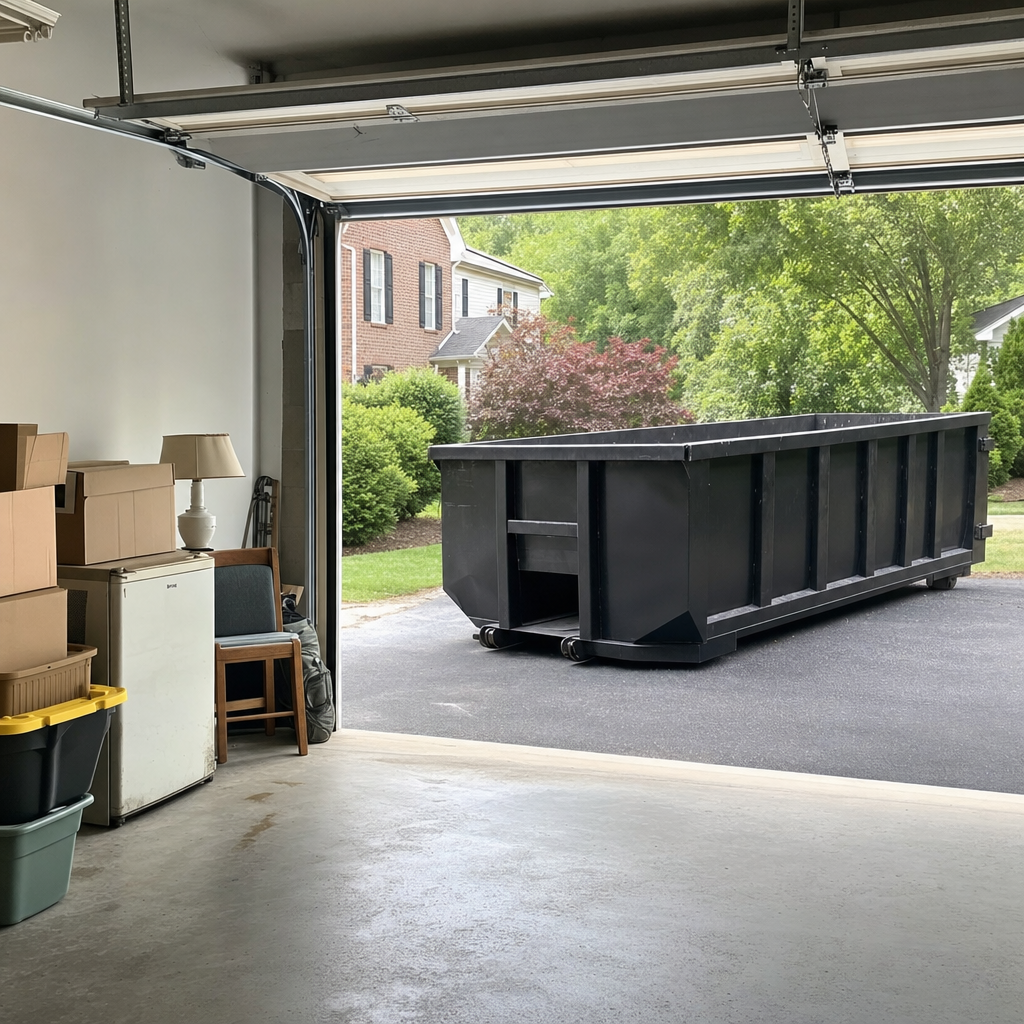 Open garage interior in a Grove City home mid-cleanout — boxed items, an old appliance, and stacked yard tools queued near the driveway for a matte-black roll-off dumpster, organized and calm