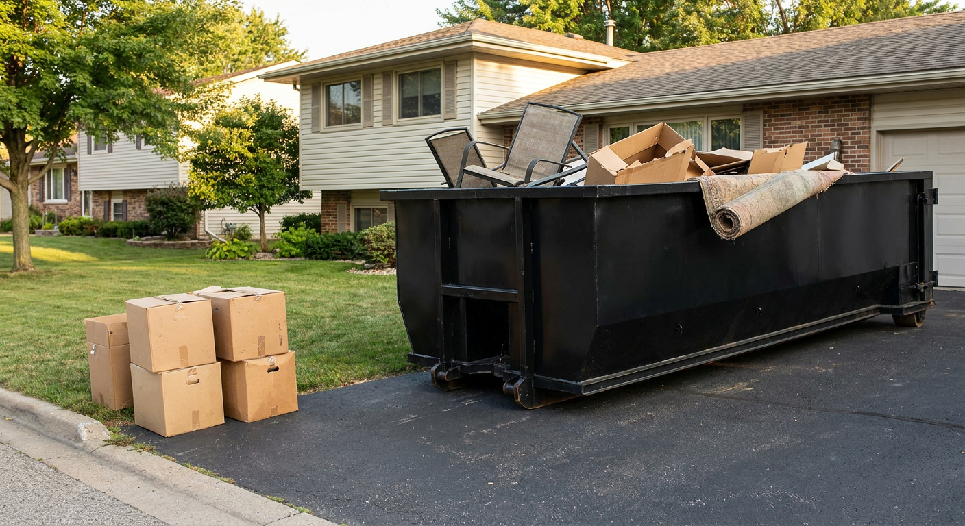 Front-yard view of a Grove City split-level home with a 20-yard matte-black roll-off dumpster sitting directly on the asphalt driveway, a few clearly labeled donation boxes staged at the curb, calm sunny afternoon.