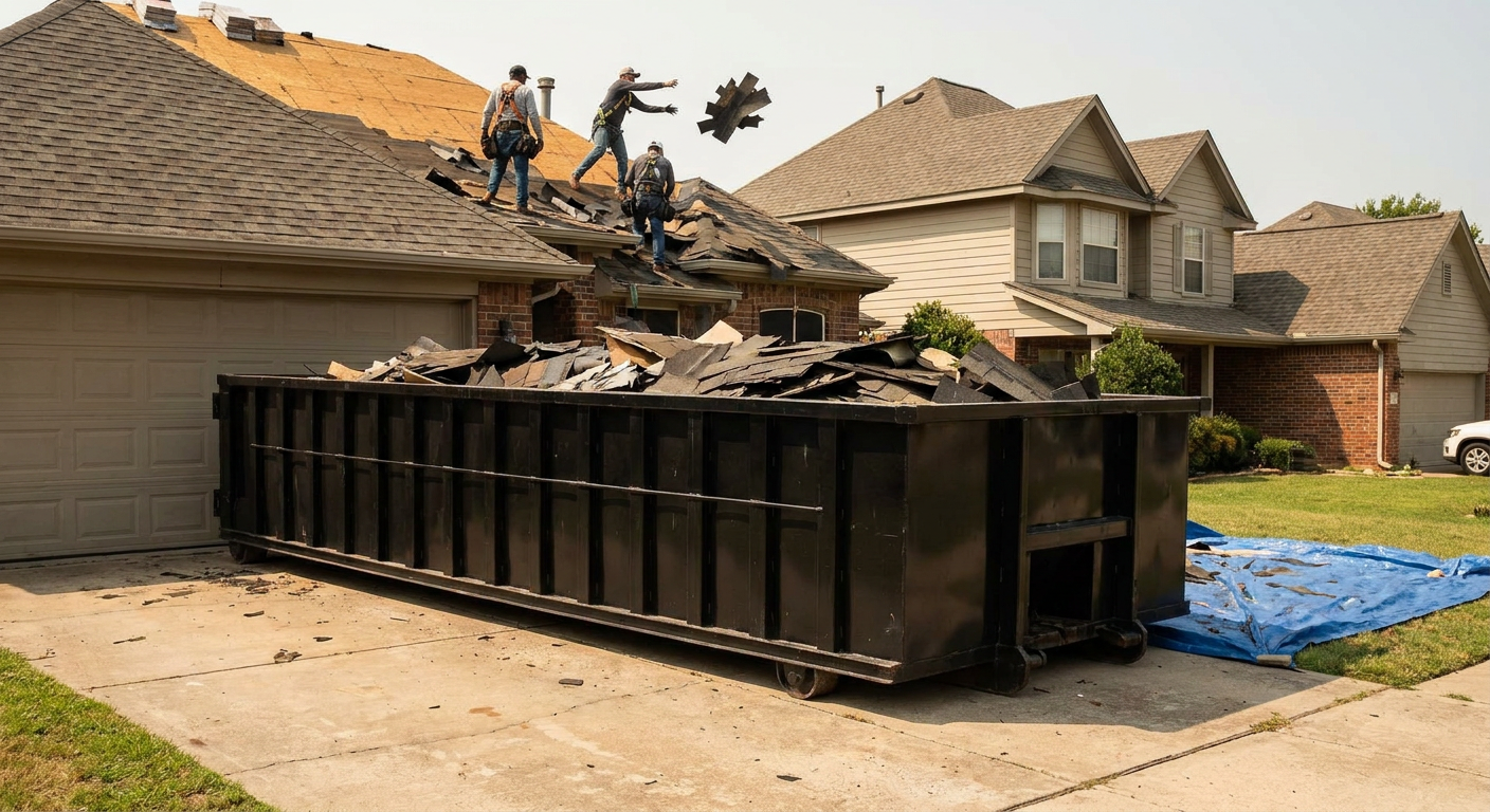Matte-black roofing roll-off dumpster placed directly on a Grove City residential concrete driveway, a tear-off crew on a two-story asphalt-shingle roof tossing shingle bundles into the low-walled container, bright daylight, documentary 35mm perspective.
