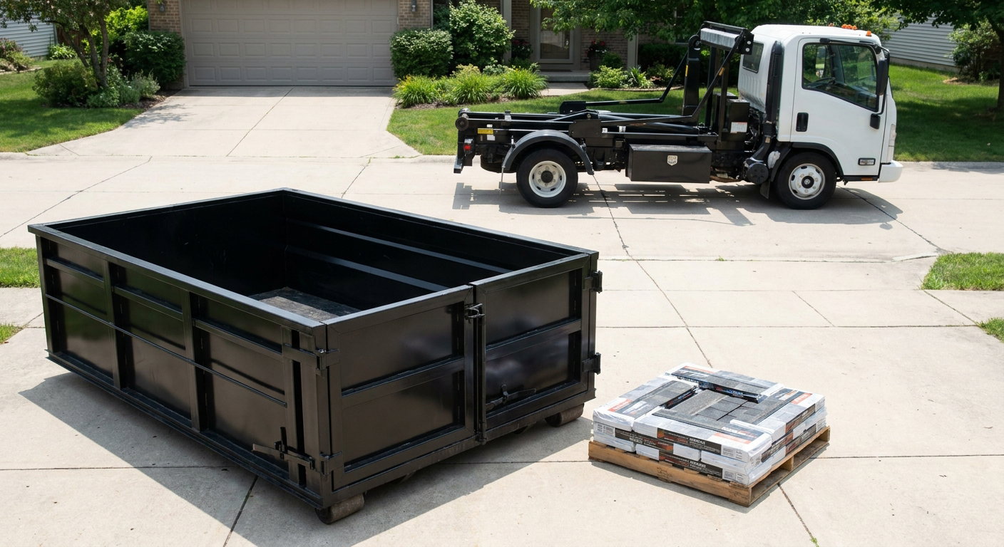 Matte-black 15-yard roofing roll-off dumpster with reinforced low side walls sitting directly on a Grove City residential concrete driveway, three-tab asphalt shingle bundles stacked nearby, an unmarked white hauler truck partially visible at the edge of the frame.