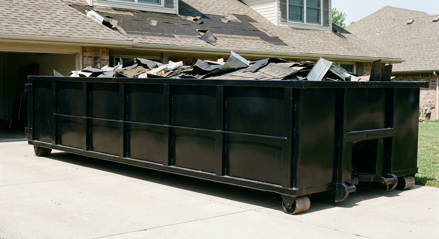 Matte-black 20-yard roofing roll-off dumpster with steel ribbed sides and swinging rear door, sitting directly on the concrete driveway of a two-story Grove City home, asphalt shingle debris being loaded over the low wall, clean documentary lighting.