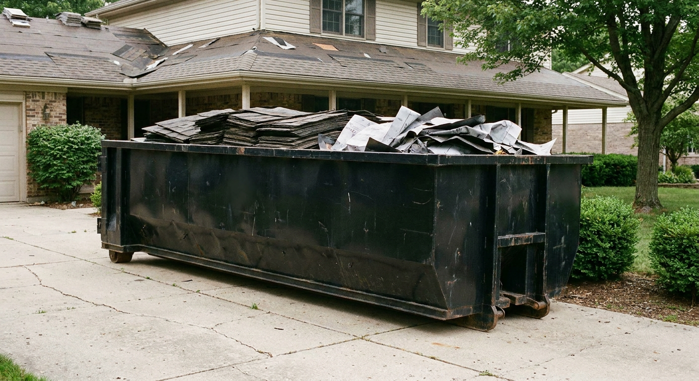Matte-black 30-yard roofing roll-off dumpster sitting directly on a Grove City concrete driveway, taller ribbed steel side panels, mixed tear-off debris of asphalt shingles and underlayment inside, professional documentary daylight.