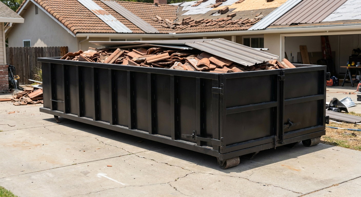 Matte-black low-wall heavy-debris roofing roll-off dumpster sitting directly on a Grove City concrete driveway, broken concrete clay roof tiles and metal panel sections loaded inside, reinforced ribbed steel side walls visible, bright outdoor daylight.