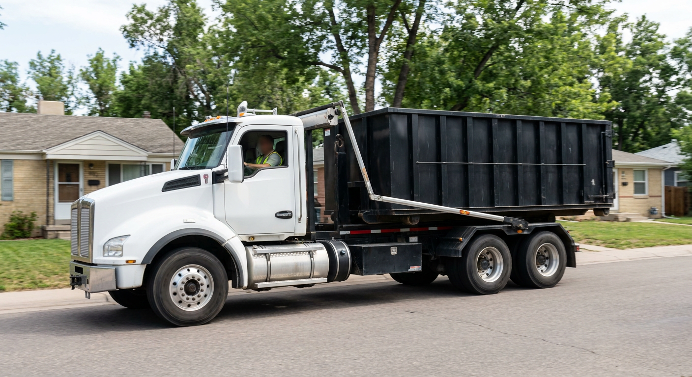 A wide documentary shot of a matte-black roll-off delivery truck pulling onto a quiet Grove City residential street at mid-morning, with neighborhood rooftops and tree-lined blocks visible behind, showing the metro coverage footprint.