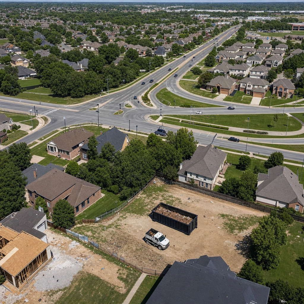 An overhead documentary view of the Grove City metro area at midday, showing the spread of neighborhoods, arterial roads, and the dispatch radius from a central yard — clean daylight, organized geographic layout.