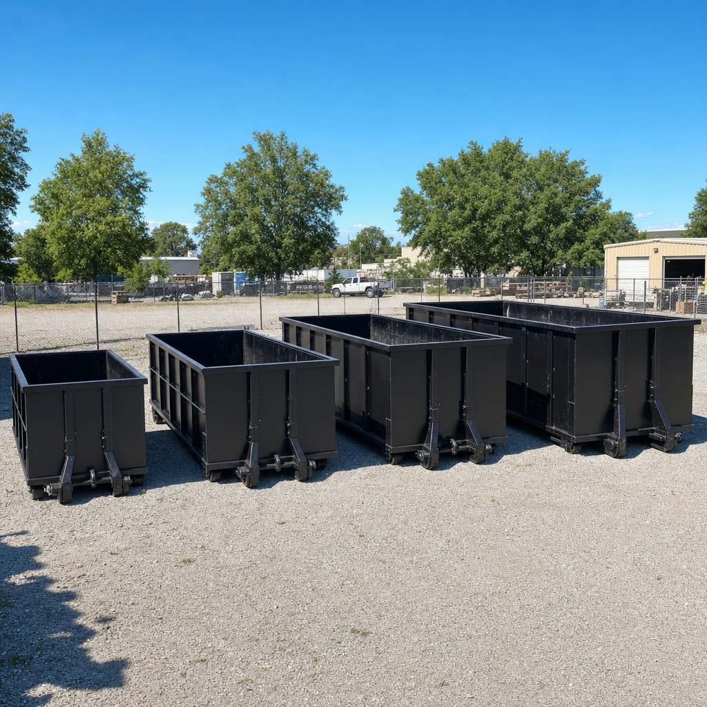 A clean lineup of matte-black roll-off dumpsters in 10, 20, 30, and 40-yard sizes staged on a sunlit gravel yard in Grove City, showing the size progression from compact to commercial-scale containers.