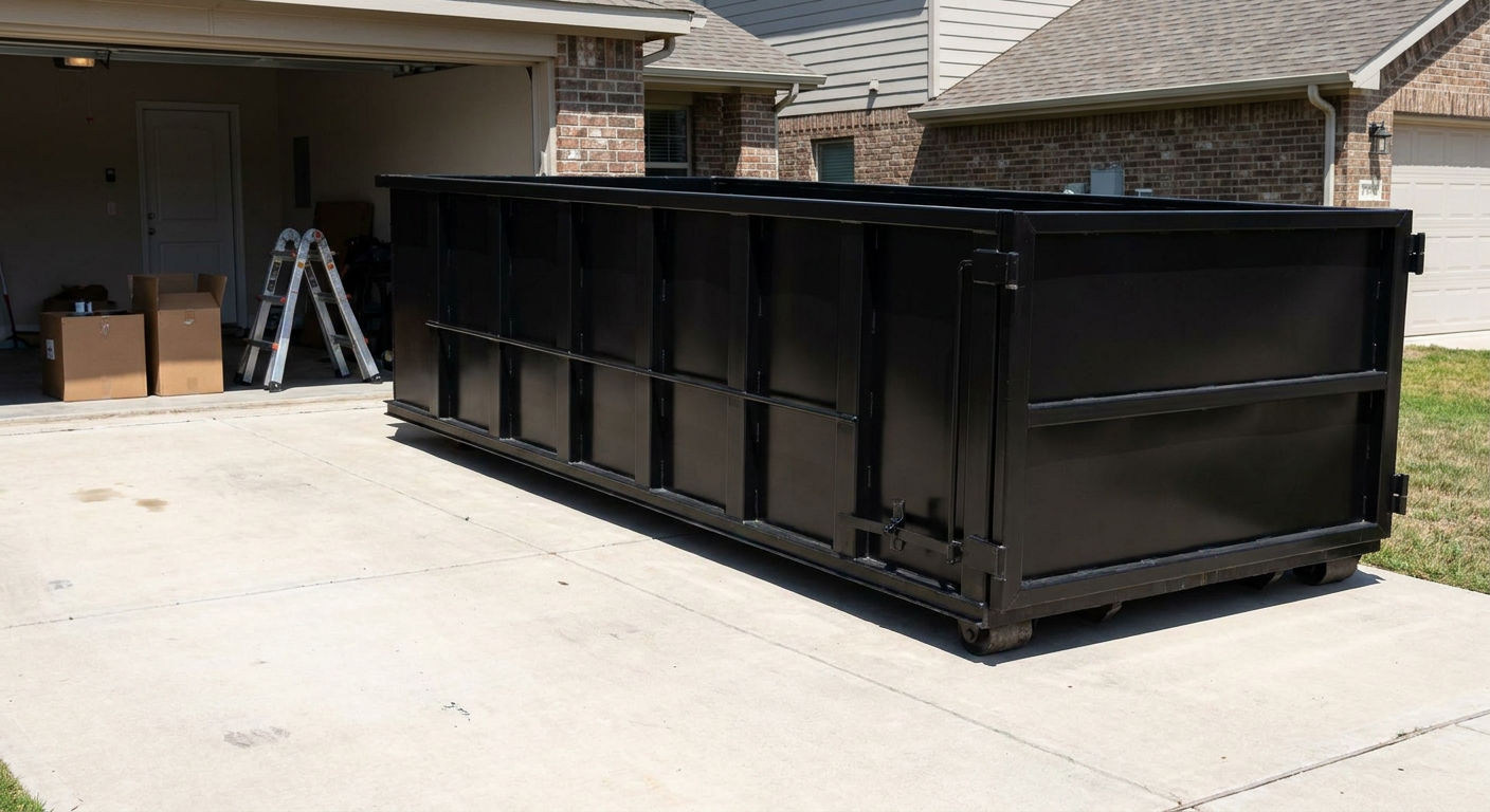 A matte-black 10-yard roll-off dumpster sitting directly on a residential Grove City concrete driveway, mid-day sunlight, clean and ready for a garage cleanout.