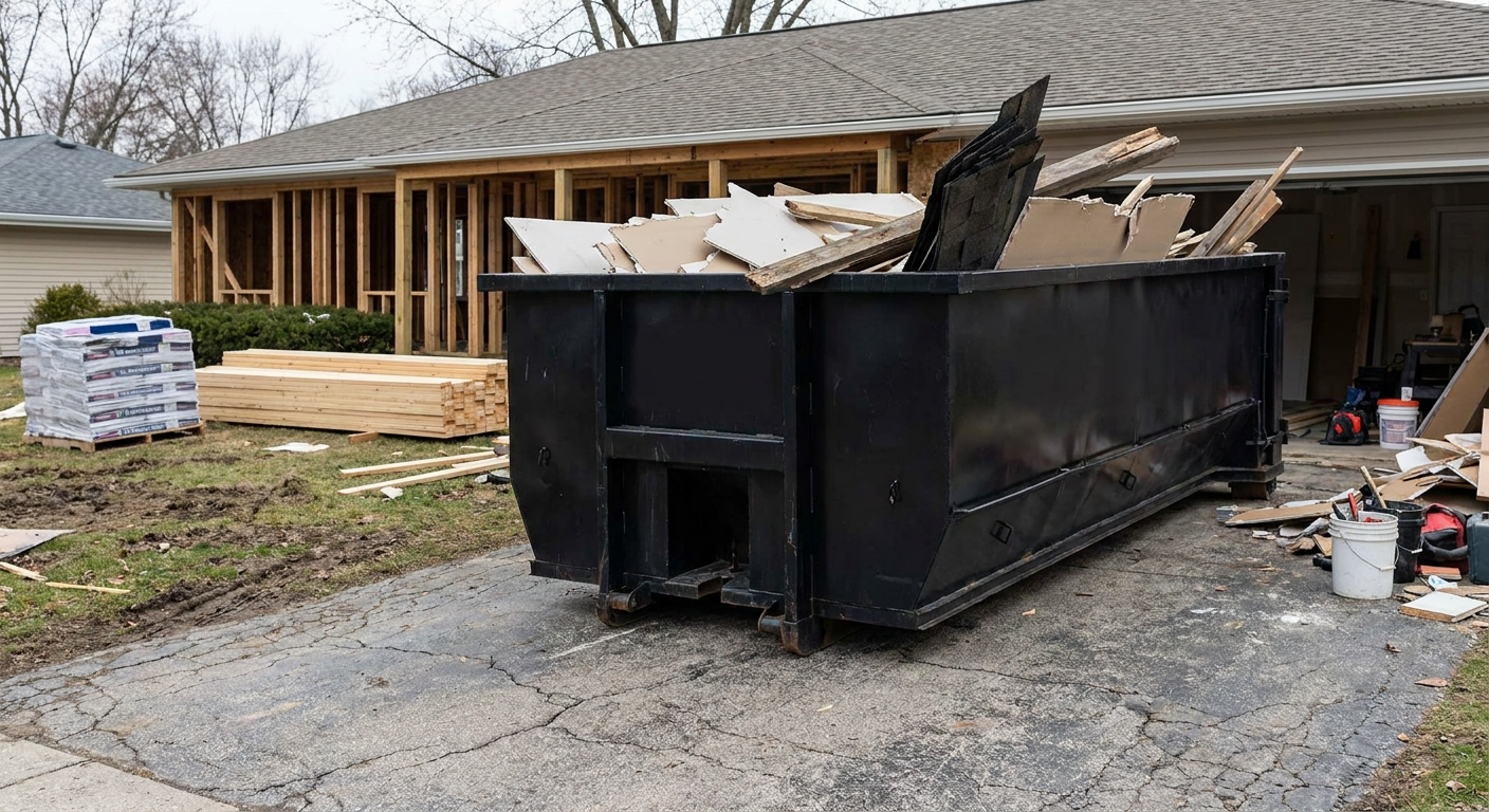 A matte-black 20-yard roll-off dumpster placed alongside a mid-renovation Grove City home directly on the asphalt driveway, with framing materials and torn-off shingles staged neatly nearby.