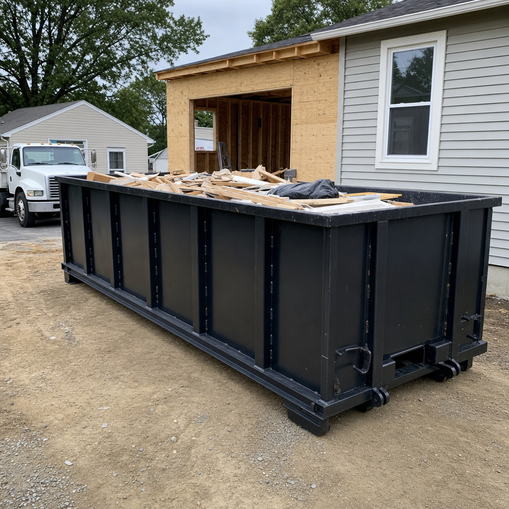 A matte-black 30-yard roll-off dumpster positioned at a Grove City residential addition jobsite, with framing lumber and drywall scraps loaded through the open swinging rear doors.