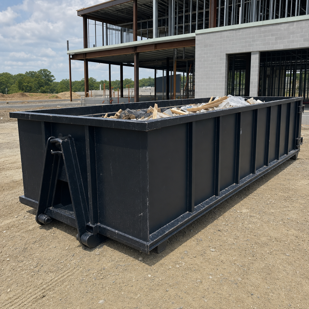 A matte-black 40-yard roll-off dumpster staged on a large Grove City commercial construction lot, with a hooklift delivery truck parked alongside under bright midday sky.