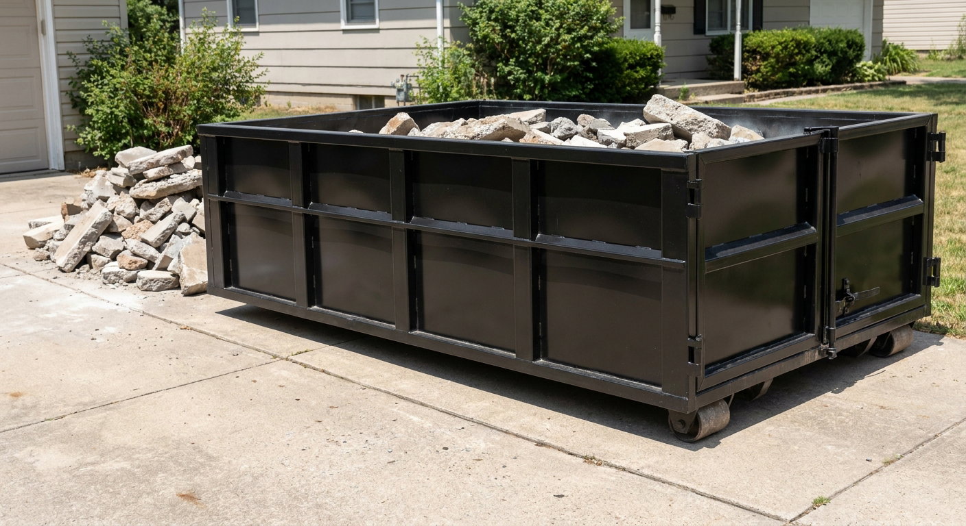 A matte-black low-side heavy-debris roll-off dumpster placed directly on a Grove City concrete driveway, with broken concrete chunks neatly stacked beside it under clean daylight.